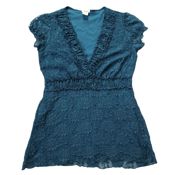 2010s Studio Y Blue Lace Deep V Top Sz M - Picture 2 of 5